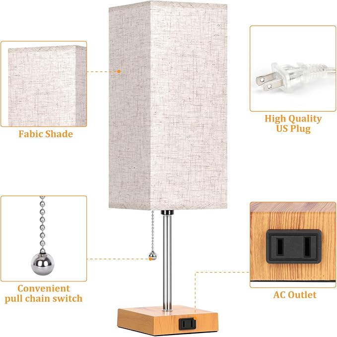 18'' Table Lamp for Bedroom set of 2,3-Color Bedside Lamps with Pull Chain | Table Lamps for Nightstand with AC Outlets,Night Light Lamps with 2 Bulbs Lamps for Living Room Kids Room Office Decor（Wood） - Image 3