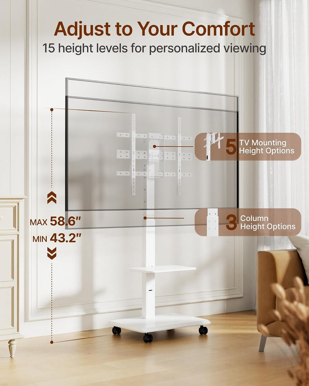Steel Base Rolling TV Stand for 37-90 inch TVs up to 132 lbs, White - Image 3