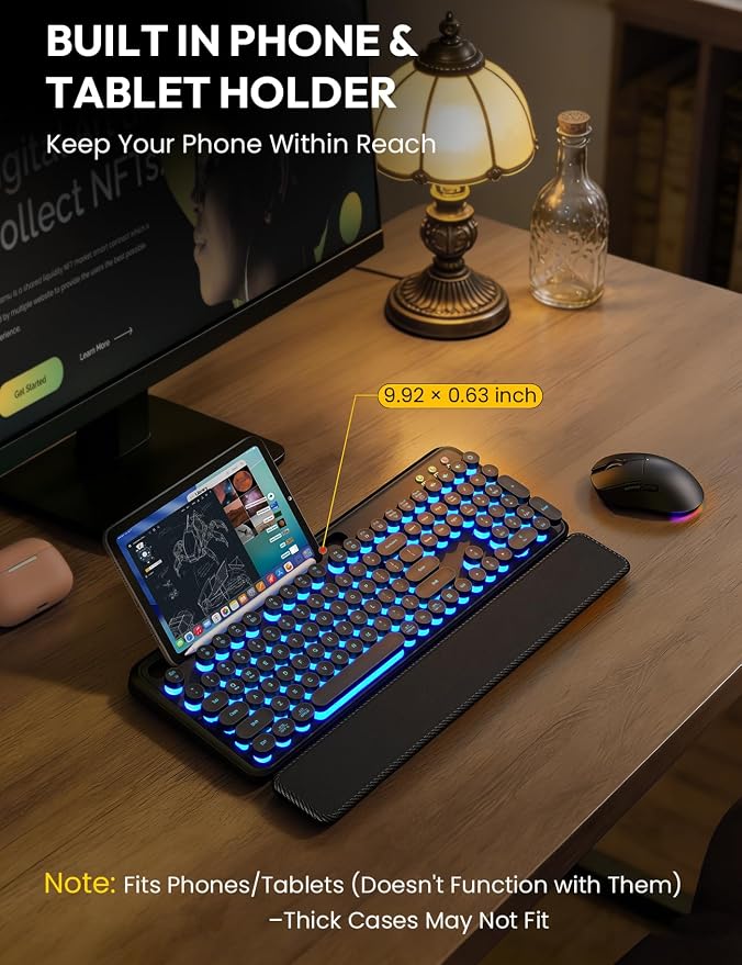 Wireless Keyboard and Mouse, Backlit Typewriter with Magnetic Wrist Rest | Phone Holder, Light Up Round Keycaps, Lighting Mouse, 2.4GHz Cordless Set for Mac, Windows, PC, Laptop, SABLUTE - Image 4