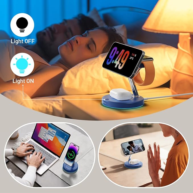 【Adjustable Blue Ambient Light】 Wireless Charger 3 in 1 for iPhone, Magnetic Charging Station for Apple Family,15W Fast MagSafe Charger Stand,for iPhone17-12-iWatch AirPods Series - Image 7