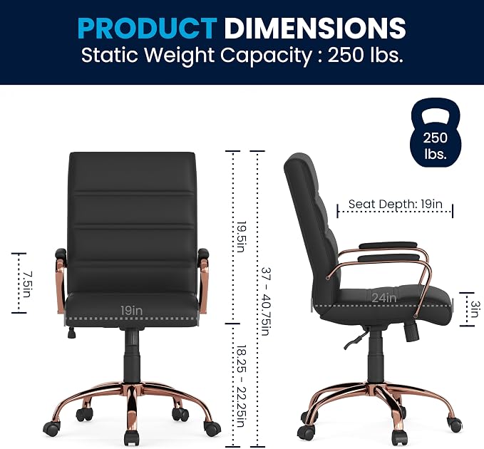 Flash Furniture Mid-Back Black LeatherSoft Executive Swivel Office Chair with Rose Gold Frame and Arms - Image 3