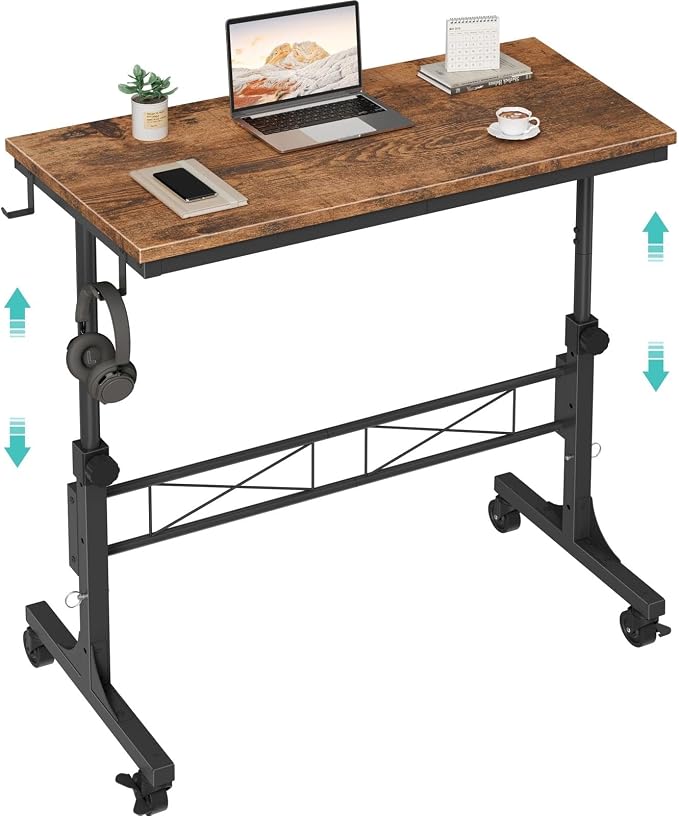 Small Portable Rolling Standing Desk - 32 Inch Adjustable Height Mobile Stand Up Desks with Wheels for Treadmill Walking Pad, Teacher Podium for Classroom, Couch Sofa Side Laptop Table, Rustic Brown by Unknown