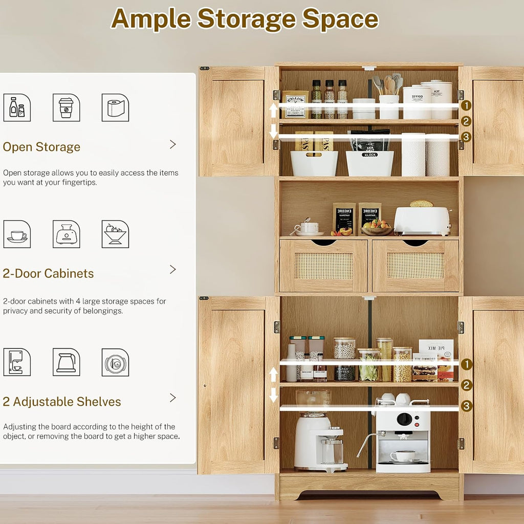 57.8" H Tall Storage Cabinet with 2 Drawers & 2 Adjustable Shelves, Rattan Cabinets with 4 Doors, Cupboard, Kitchen Cabinets, Pantry Cabinet, Tall Cabinet for Living Room, Entryway, Natural - Image 4