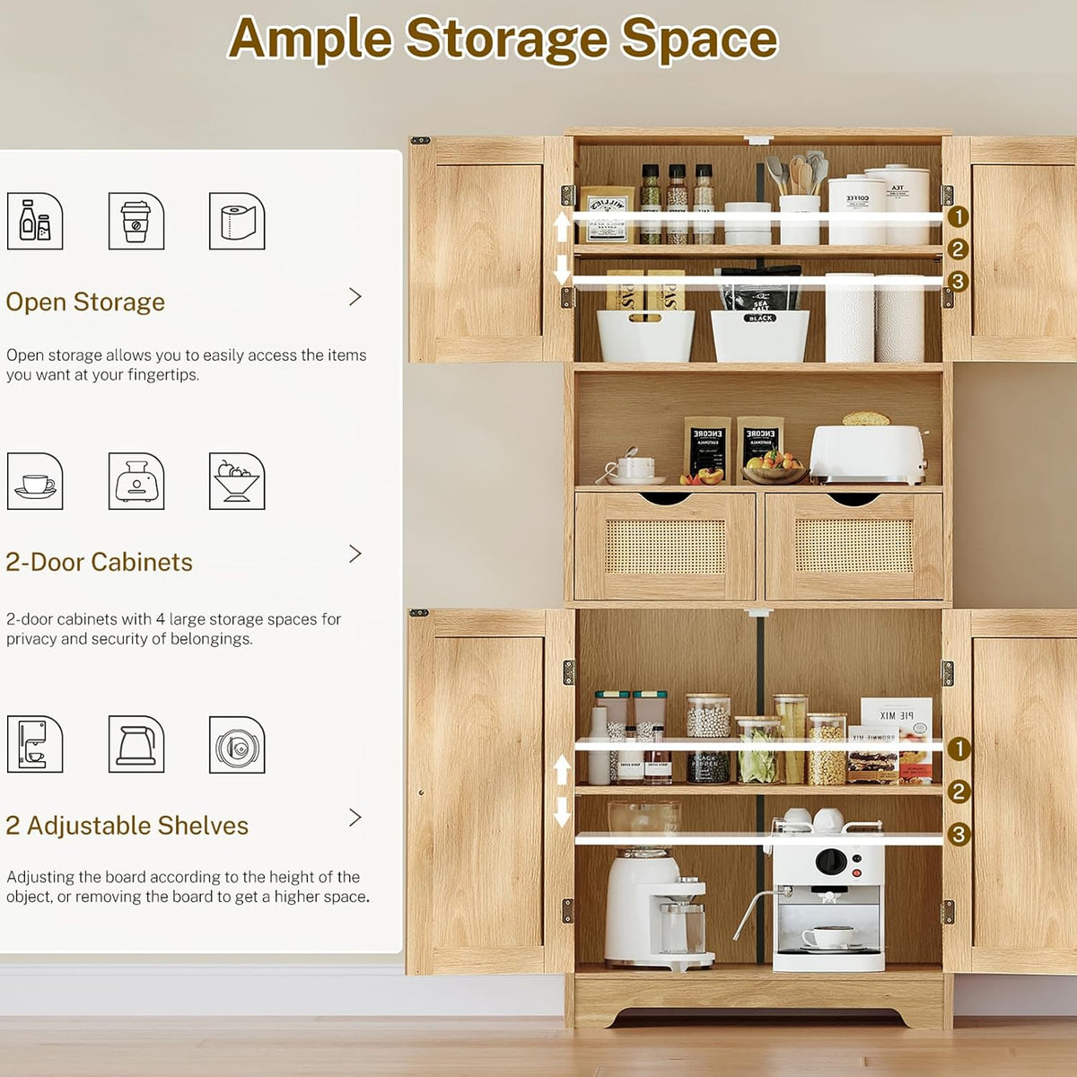 57.8" H Tall Storage Cabinet with 2 Drawers & 2 Adjustable Shelves, Rattan Cabinets with 4 Doors, Cupboard, Kitchen Cabinets, Pantry Cabinet, Tall Cabinet for Living Room, Entryway, Natural - Image 4