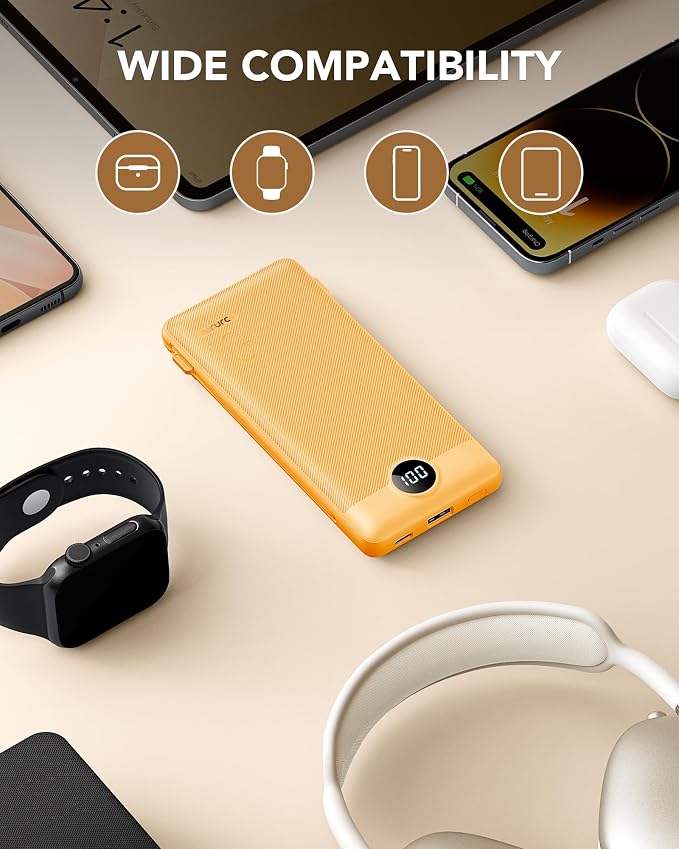 VRURC Portable Charger, Power Bank Built-in Cables and AC Wall Plug | USB C Power Bank 10000mAh Travel Essentials Phone Charger Compact External Battery Pack For Smart Phones, Tablets etc-Orange - Image 7