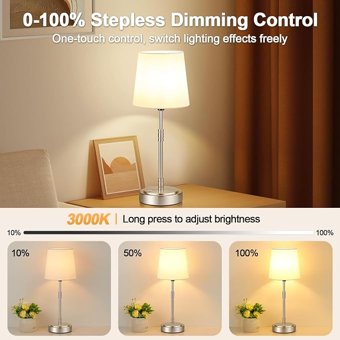Cordless Table Lamps Set of 2 – Battery Operated Lamp with 7500mAh Rechargeable Battery, Stepless Dimmable Vintage Brushed Nickel Touch Desk Lamps for Dining Room, Nightstand & Patio (Bulbs Included) - Image 3