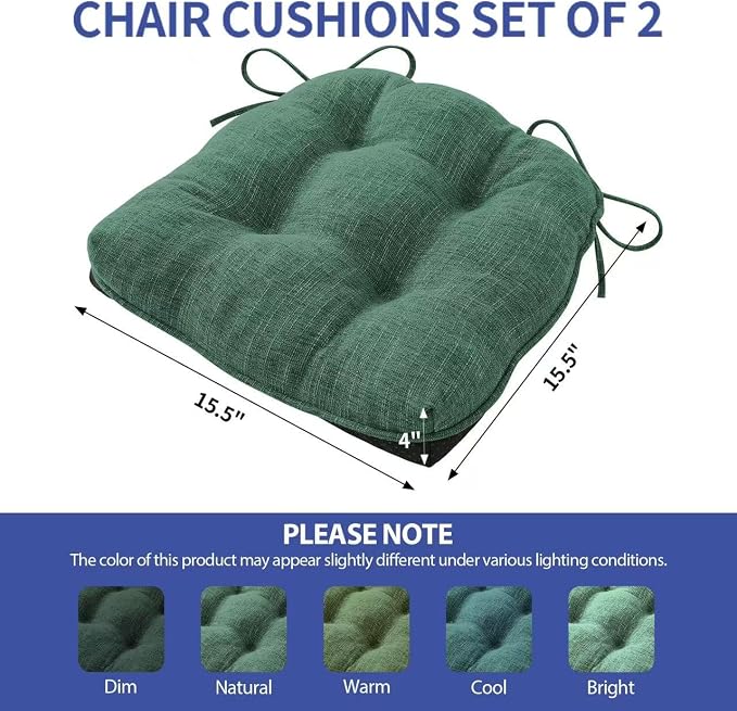 IPYNBAP Chair Cushions for Dining Chairs Set of 2, Kitchen Chair Cushions, Chair Pads with Ties Non Slip Backing, Christmas Room Decor, Tufted Memory Foam Seat Cushion 2 Pack, 15.5x15.5x4, Dark Green - Image 3