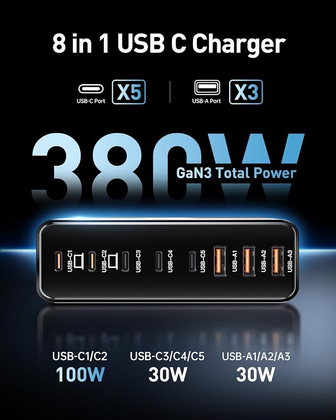 380W USB C Charger Block with 4 USB Cables Dual 100W Charging Station | 8-Port USB C Charging Station Laptop Charger Fast Type C Charging Block for MacBook Pro - Image 2