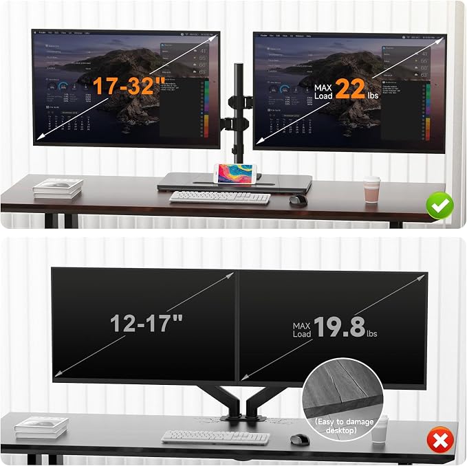 Pholiten Dual Monitor Stand with Wooden Base | Gas Spring Height Adjustable Arms, Each Holds 32 Inch Screen up to 22lbs, VESA Mount 75x75/100x100mm, Tilt/Swivel/Rotate - Image 7