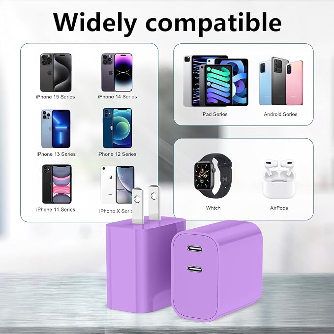 USB C Charger Block 3 Pack, Dual Port 20W Fast Wall Plug(Purple) | 20W PD fast charging USB C block for iPhone 17 16 15 14 13 12 11, iPad Pro, iPad Air, AirPods and Apple Watch. - Image 6