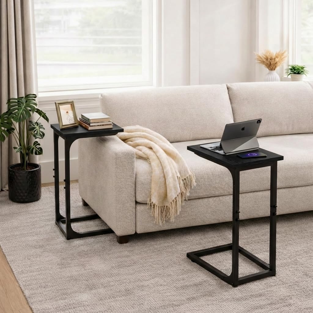 TEMI C Shaped End Table for Couch, Set of 2 Small Side Table for Sofa, TV Tray for Eating or Laptop, Accent Desk for Chair, Space Saving for Living Room Bedroom, Black - Image 2