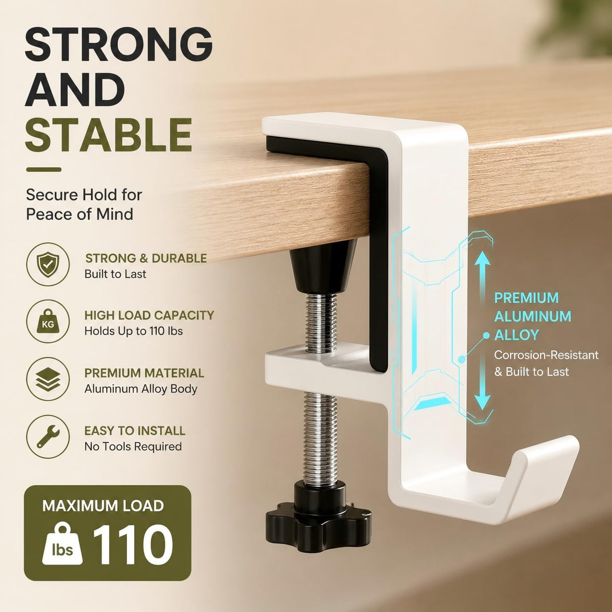 Headphone Stand - Aluminum Alloy Headphone Holder, Under Headset Stand for Desk Fit for PC Gaming Headset Hanger Hook Suitable for Office, Computer, Student Class Desk, Handmade Creator Table (White) - Image 7
