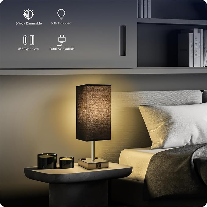 Bedside Lamp with USB Ports - Touch Control Table Lamp for Bedroom with USB C+A Charging Ports & AC Outlets, 3 Way Dimmable Nightstand Light for Living Room (Bulb Included, Black) - Image 2