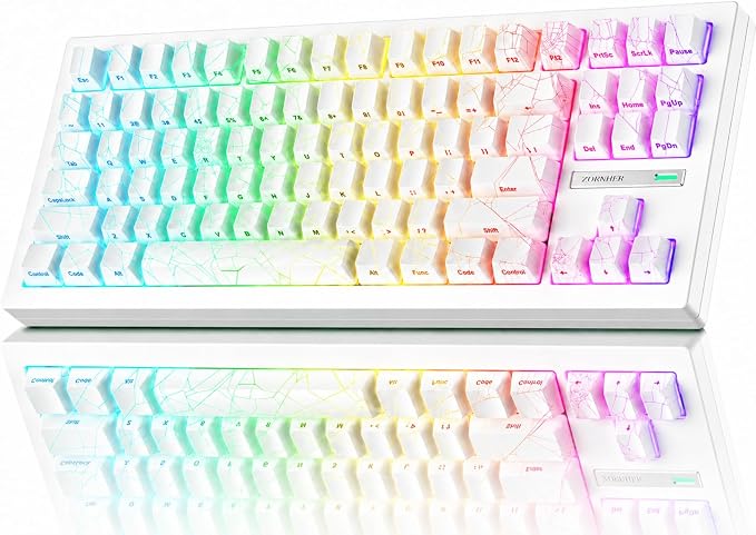 ZORNHER ZH870 Wireless Gaming Mechanical Keyboard,80% White Gaming Keyboard with White Spider Web IMD PC Keycaps,Creamy Sounding Linear Switches,Hot-Swappable,RGB Backlit by Zornher