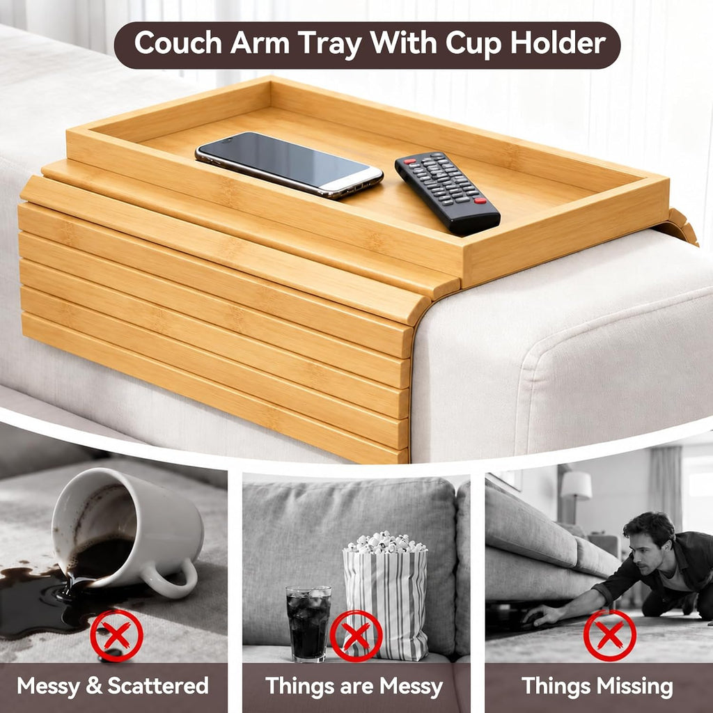 Bamboo Couch Arm Tray, Foldable Sofa Tray Table for Couch, Anti-Falling Sofa Cup Holder, Portable Sofa Arm Chair Table for Drink,Cups, Eats，Snacks, Phone, Remote, Natural - Image 4