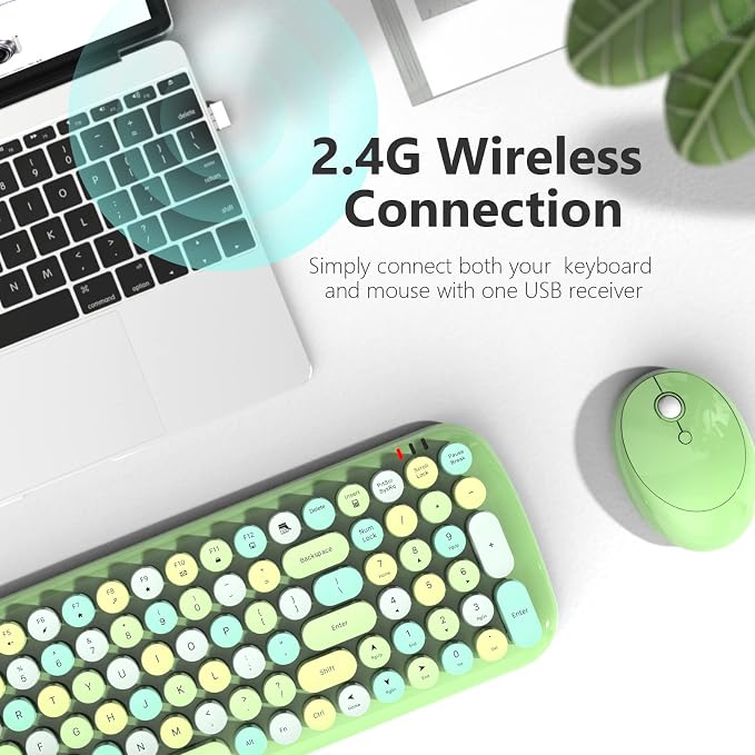 MOFII Wireless Keyboard and Mouse Combo, 2.4GHz Retro Typewriter Keyboard and Cute Mouse for Computer PC Desktops Laptop Windows(Green Mix) - Image 2