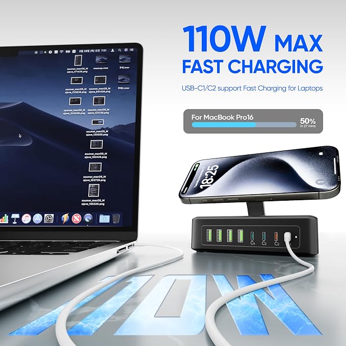300W USB Charging Station, 11-in-1 USB C Power Strip Surge Protector, 2AC Outlets & 8USB Ports, 5ft Flat Plug Extension Cord with Multiple Devices, Desktop Charger for Home Office Desk Accessories - Image 4