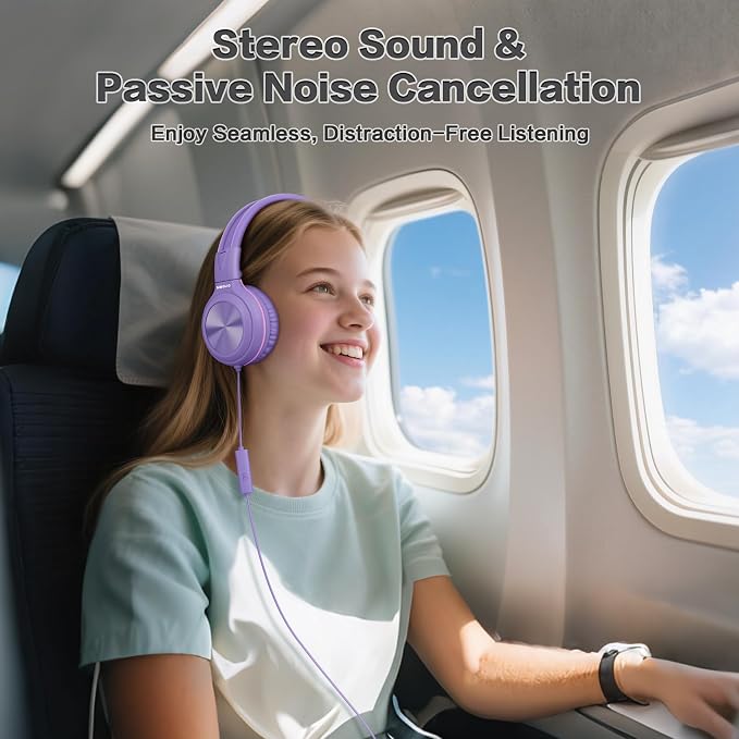 SIMOLIO Manyshare Series- Wired Headphones for Kids, Girls School Headphone with Microphone & Share Port & Volume Limit, Foldable Durable Over Ear Headsets for Tablet Travel Airplane Teens (Purple) - Image 4
