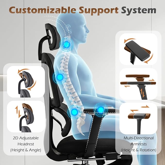 Ergonomic Office Chair with Footrest and Dynamic Lumbar Support, Black | Reclining high-back computer chair, memory foam seat, 4D armrests, 2D headrest, mesh desk chair for home office, long hours - Image 6