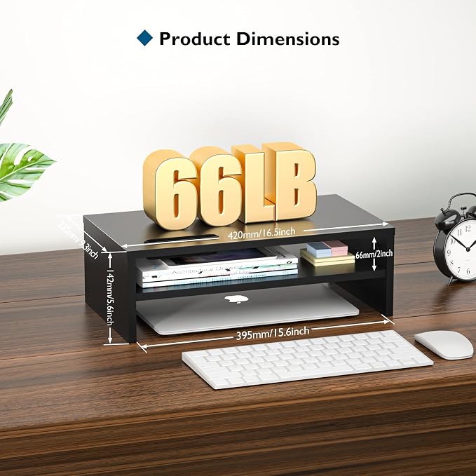 BONTEC Wooden Monitor Stand Riser for Desk, 2-Tier Computer Monitor Stand | 66 lbs Desk Shelf Organizer with Storage, Laptop & Printer Stand with Phone Holder and Cable Management, Black, 16.5 Inch - Image 4
