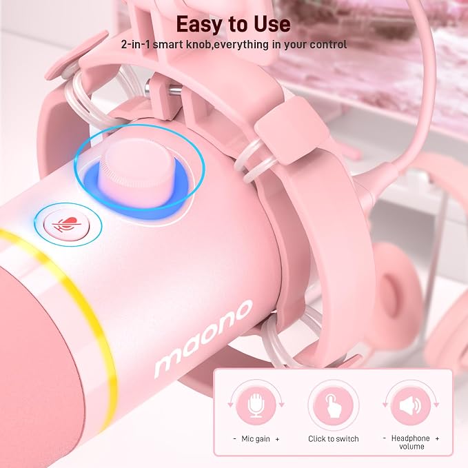 MAONO PD200XS XLR/USB Dynamic Microphone Kit, RGB Gaming Mic with Software | PC Mic with Mute, Gain Knob, Volume Control, Boom Arm for Streaming, Gaming, Podcasting, Voice-Over, Recording, Pink - Image 5