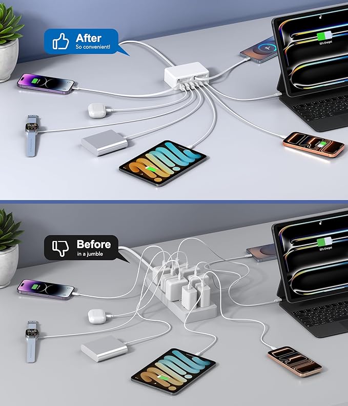 Upgraded 8-in-1 Retractable USB C Charger Block, 120W GaN Multi Charging Station Hub with Lightening & Type C Cable, Travel Essential USB C Power Strip Plug for iPhone 17 16 15 14 Pro Max iPad Galaxy - Image 4