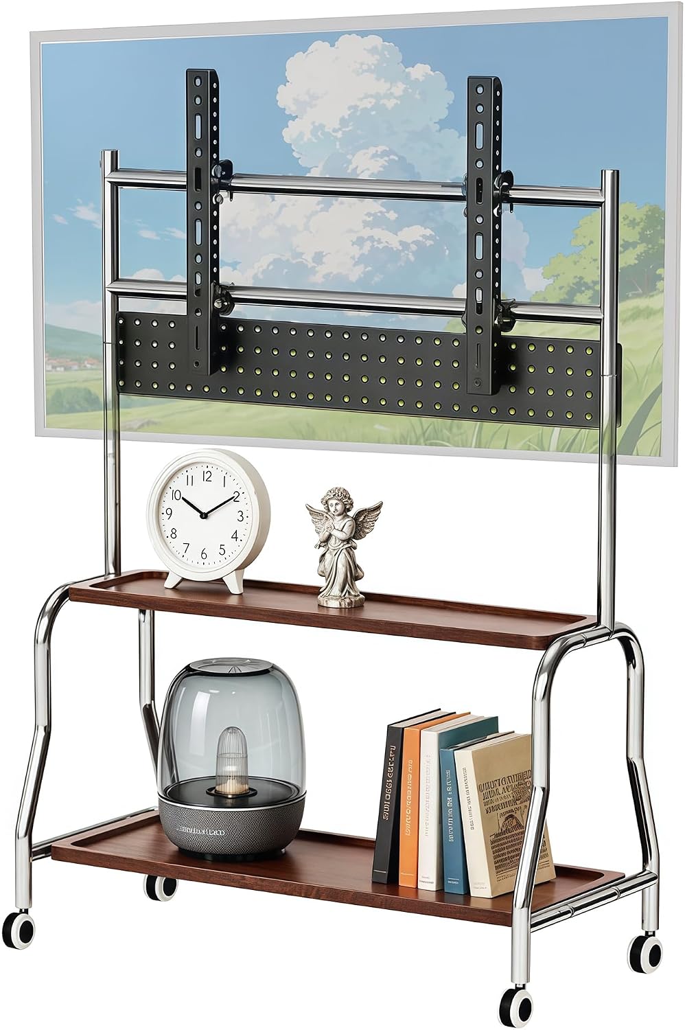 Rolling TV Stand for 32-75 Inch TVs with Double Storage Shelves & Pegboard by HOLDSAFE