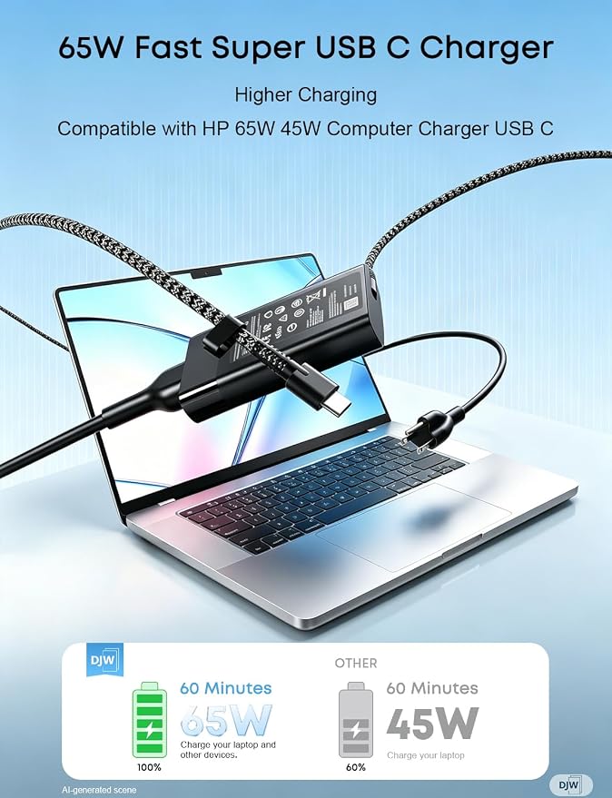 DJW 65W USB C Laptop Charger Compatible with HP Spectre x360,Envy,Elitebook x360,Pavilion, Elite x2,Chromebook,Omnibook,Dragonfly,Zbook,ProBook Travel Computer Charger USB Type C AC Power Adapter - Image 5