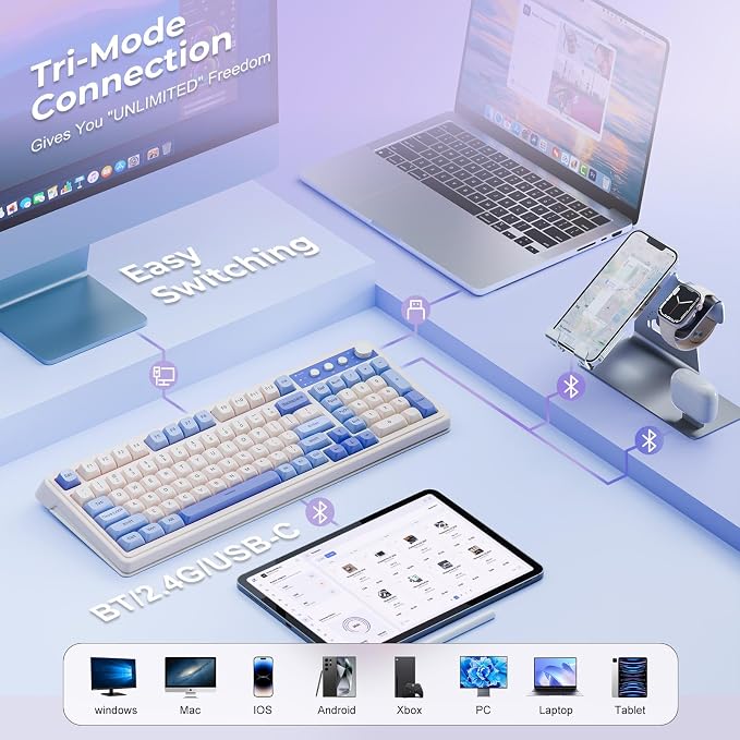AULA S99 Wireless Keyboard,Bluetooth Computer Gaming Keyboards | 99 Keys with Number Pad,RGB Backlit,Programmable,Creamy Sounding,Tri-Mode BT/2.4GHz/USB-C,2000mAh Thocky Membrane Keyboard - Image 3