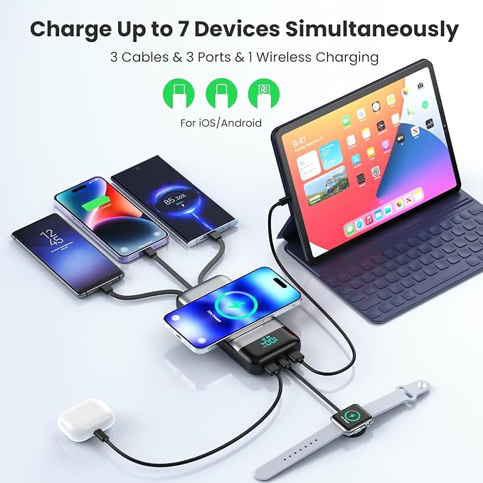 Wireless Portable Charger 40800mAh with 3 Built-in Cables,7-in-1 15W Wireless Charging Power Bank,25W PD QC 4.0 Fast Charging USB C Travel Essentials Battery Pack for iPhone 17/16/15/14,Galaxy,Android - Image 5