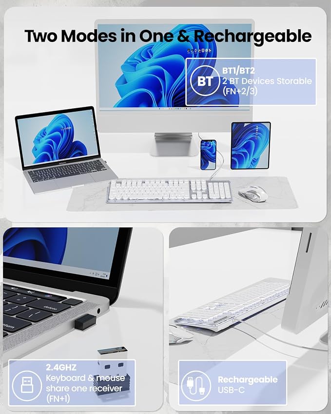 V3 Wireless Keyboard and Mouse with Single Backlit, Metal Panel, Bluetooth/2.4G Rechargeable Computer Keyboard and Mouse Combo Silent Lighted Full Size Cute Keyboards-White - Image 3