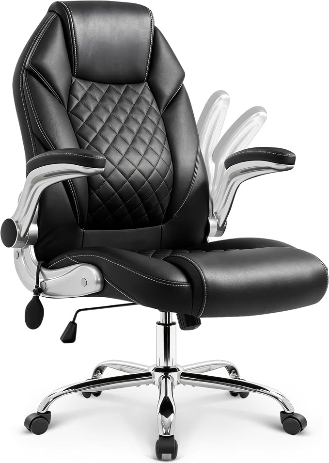 NEO CHAIR Ergonomic Office Chair, Executive Leather Chair, Lumbar Support | Executive Desk Chair with High Back, Flip-Up Arms and Wide Seat, Comfortable Gaming Chair for Home Office, Black by NEOCHAIR