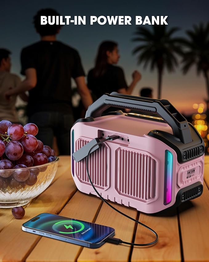 ANCOON Speakers Bluetooth Wireless: 80W(Peak) Loud Speaker with Bass, 20H Playtime, IPX6 Waterproof, Large Jobsite Speakers for Work, Outdoor, Workshop, Garage, Portable Speaker with TWS (Pink) - Image 7