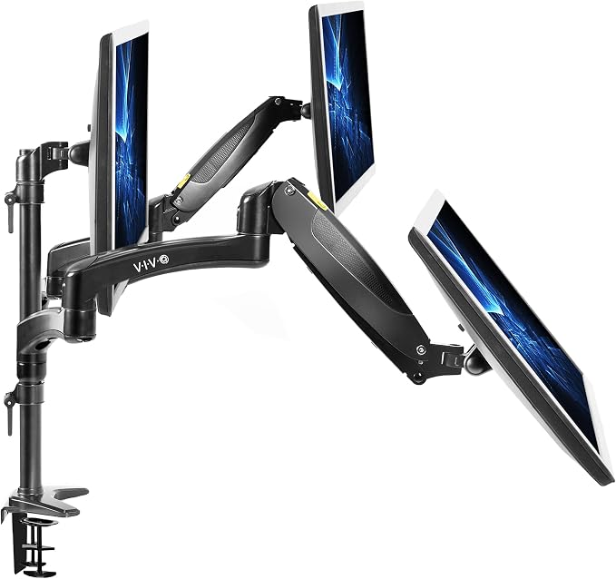 VIVO Triple Pneumatic Monitor Mount for 3 Screens up to 32 inches, Fully Adjustable, Heavy Duty Desk Stand with C-Clamp Grommet, Black, STAND-V300G - Image 4