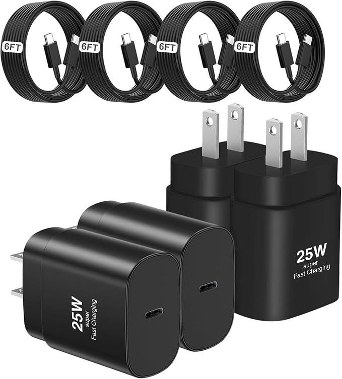 25W Type C Charger, 4-Pack Type C Fast Charging Block, with 6ft Cable Compatible Galaxy S25 S24 S23 S22 S21 S20 S10 S9/i Phone 17/16/15 by Unknown