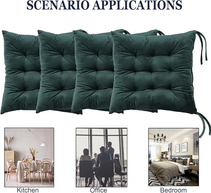 Set of 4 Chair Cushions for Dining Chairs with Ties, Indoor Non-Slip Kitchen Chair Pad and Dining Room Seat Cushion Mat for Office Living Room Outdoor 15.5" - Dark Green - Image 5