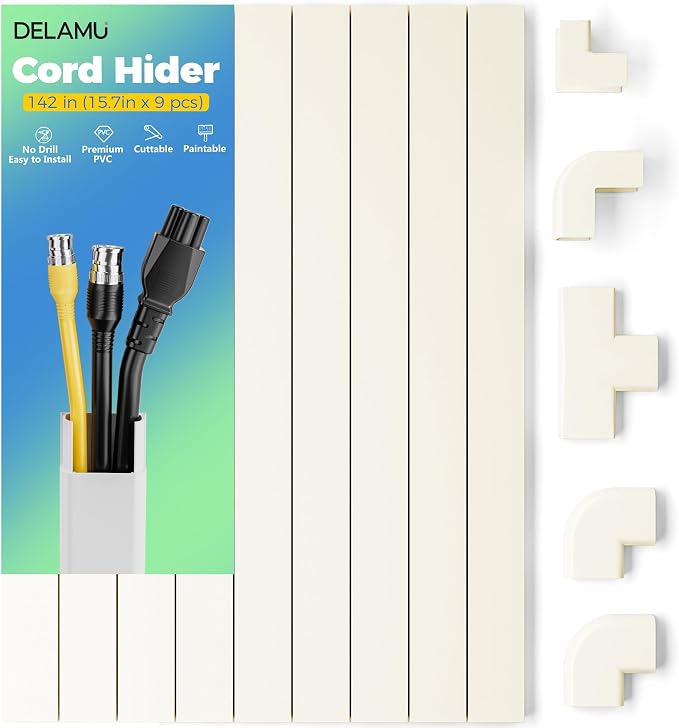 Delamu 142in Cord Hider, Beige Cable Cover for 2-3 Wires on Wall, Premium Wire Hiders Wire Covers for Cords on Wall, Easier Setup TV Cable Management Kit, W0.94 H0.47in, Beige by DELAMU