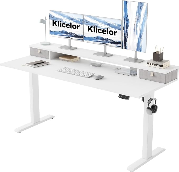 Klicelor 63 x24 Inch Electric Standing Desk with Drawers, Adjustable Height Small Sit Stand Desk for Home Office, Compact Computer Workstation with Storage– White by Unknown