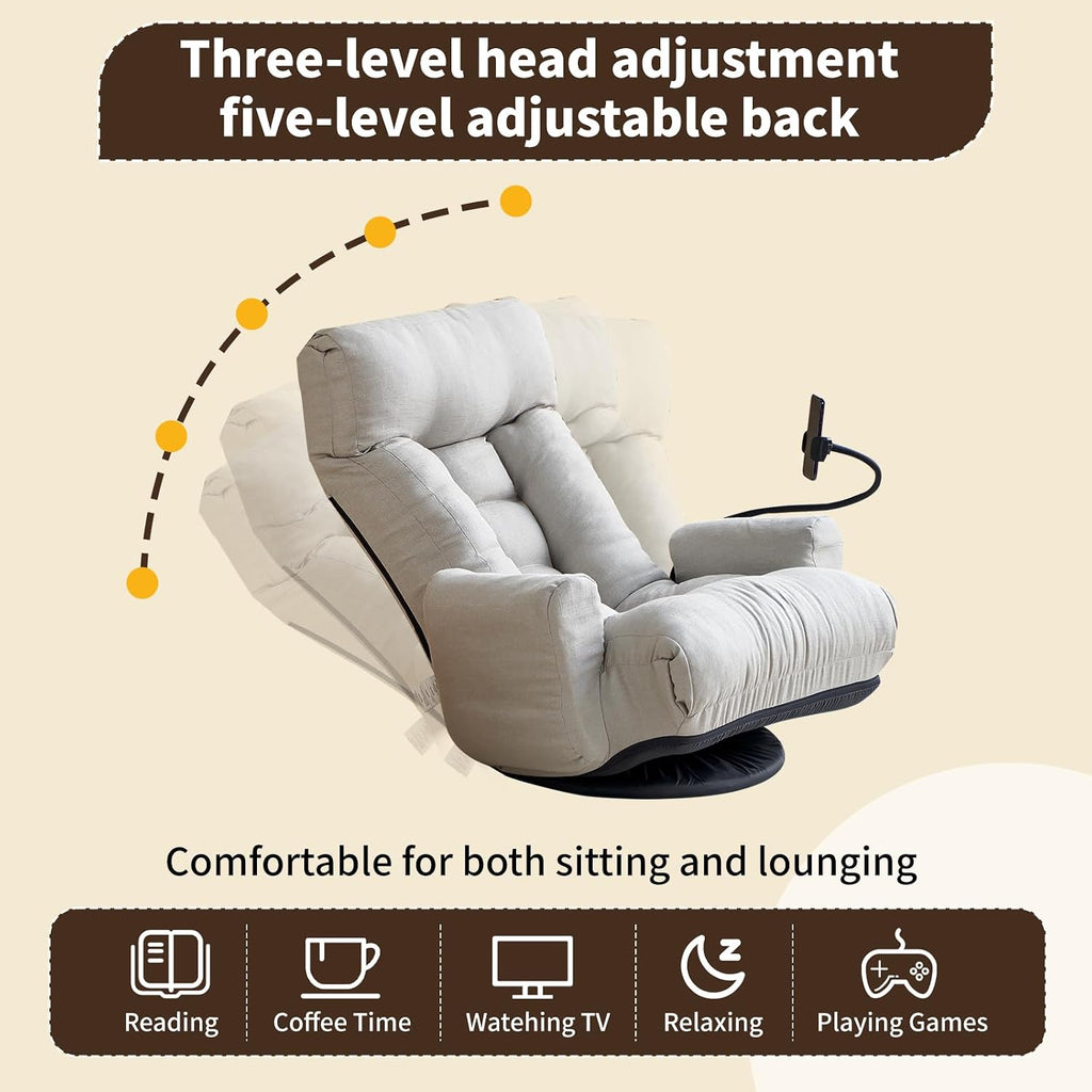 Swivel Lazy Floor Chair, Adjustable Reclining Floor Lounger with Head & Back Support and Phone Holder, Comfy Tatami Sofa Seat for Adults Bedroom & Gaming - Image 4