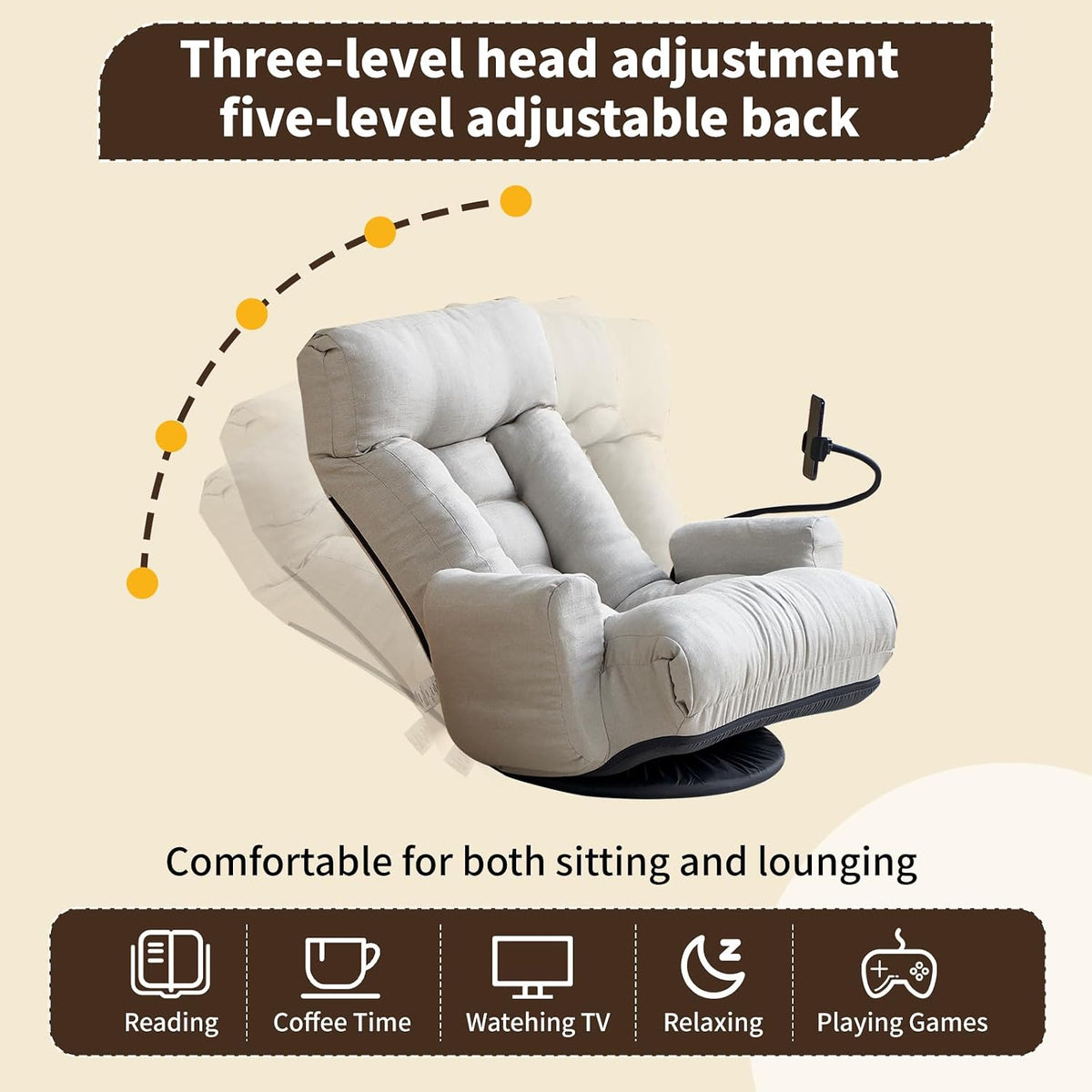 Swivel Lazy Floor Chair, Adjustable Reclining Floor Lounger with Head & Back Support and Phone Holder, Comfy Tatami Sofa Seat for Adults Bedroom & Gaming - Image 4