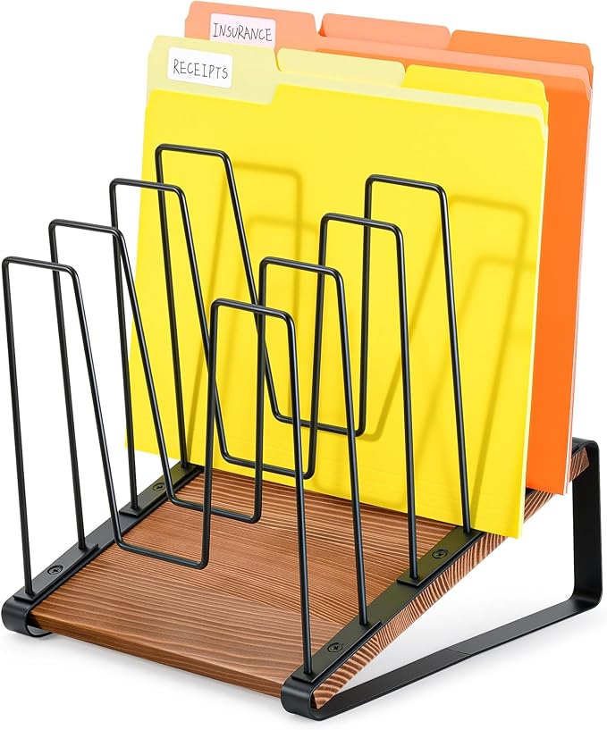 HULISEN Inclined Desk File Organizer, 5-Section Desktop File Folder Holder | Visible Tiered Design, Metal Rack with Wood Base, Vertical Storage for Binders Documents & Magazines, Classroom Office Use by HULISEN