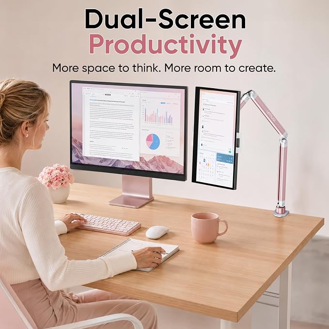 Portable Monitor Stand up to 18.5", iPad Stand for Desk, Pink | Aluminum Arm, Portable Monitor Holder 15.6", Adjustable Desktop Tablet Mount, Second Screens - Image 8