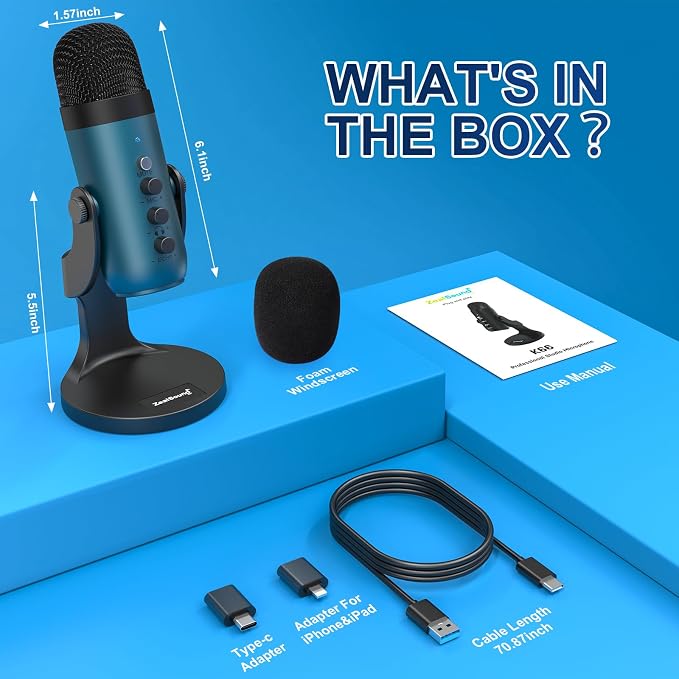 ZealSound Podcast Microphone for PC, Noise Cancellation USB Mic with Gain, Volume Adjustment & Mute Button, Monitoring & Echo, for YouTube, TikTok, Podcasting, Streaming, iPhone, iPad, Android(Teal) - Image 7