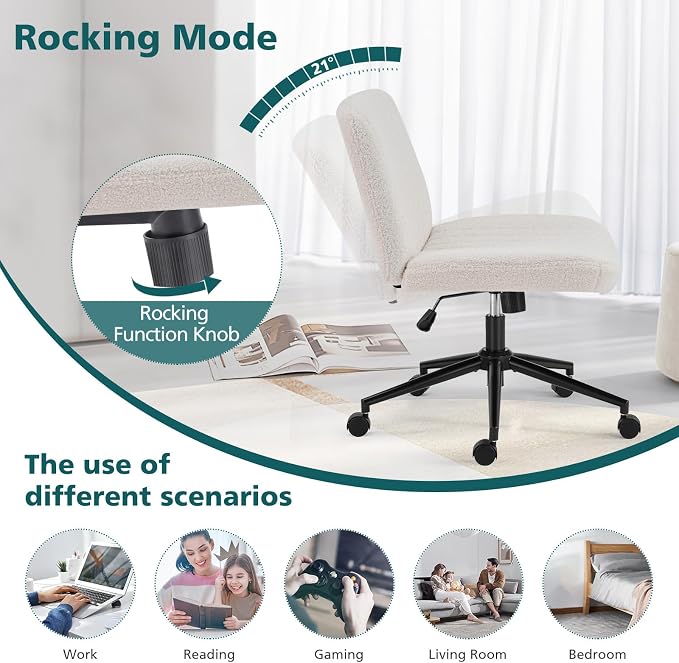 OLIXIS Criss Cross Chair with Wheels, Vanity Chair, Home Office Desk | Wide Seat Armless, Furry Teddy Fleece, Height Adjustable Swivel Rolling, Home Computer Task Seat, Bedroom Study, Beige Teddy - Image 5