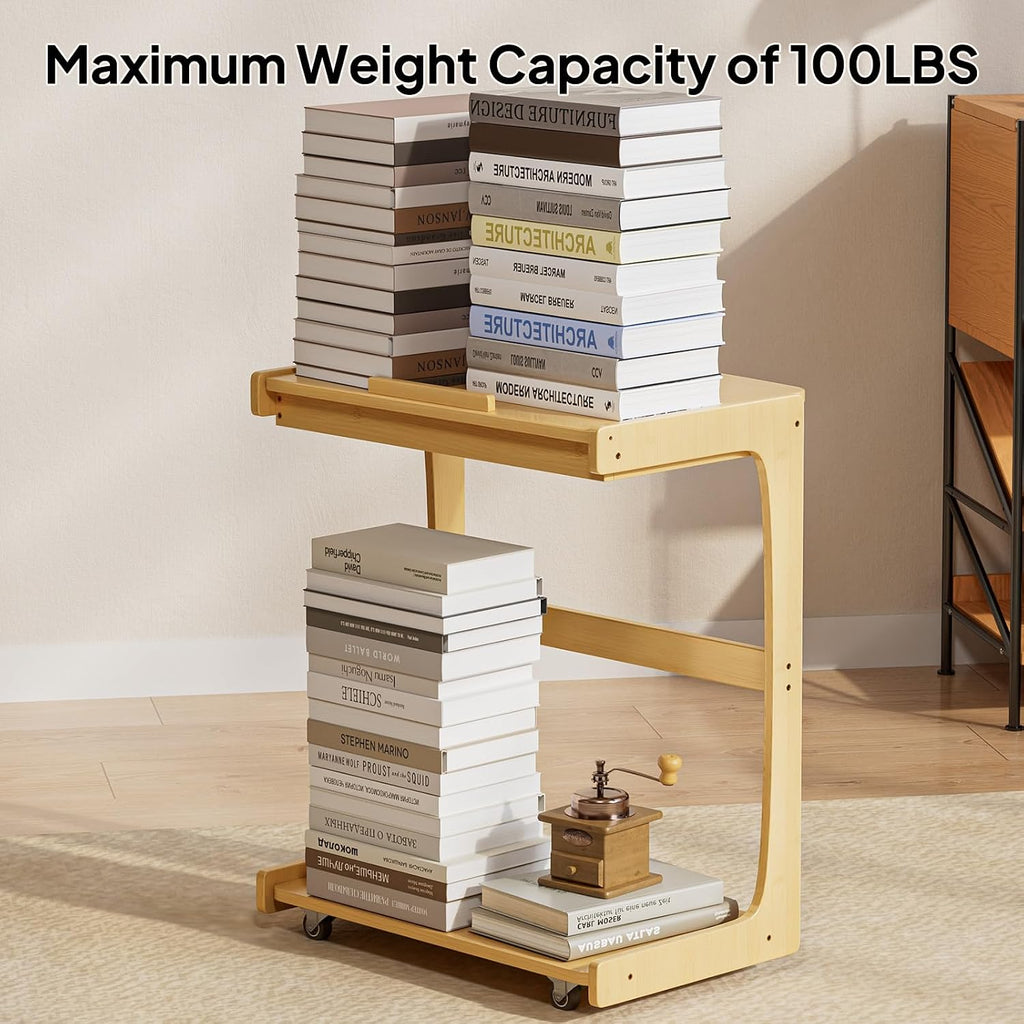C Shaped Side Table, Rolling Bamboo End Table with Adjustable Tilt Top & Storage Shelf, Small Couch Table with Wheels for Living Room, Bedroom, Natural - Image 6