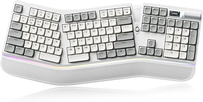 Ergonomic Mechanical Keyboard with Smart Screen & Volume Roller | Wireless 2.4G/Bluetooth/Wired USB-C, 106-Key Low-Profile Switches Hot Swappable RGB LED Backlit, Web-based Programmable, Grey by TISHLED