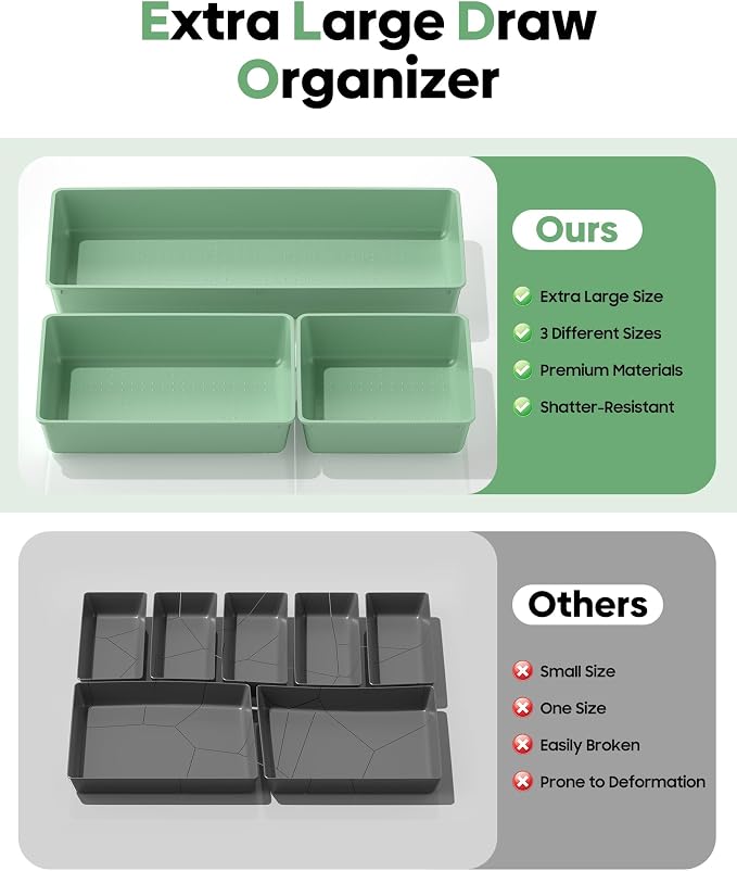 10 Pack Large Size Plastic Drawer Organizers Set, 3 Sizes Desk Drawer Organizer Trays, Storage Bins for Vanity, Makeup, Bathroom, Kitchen Utensils and Office (Green) - Image 3