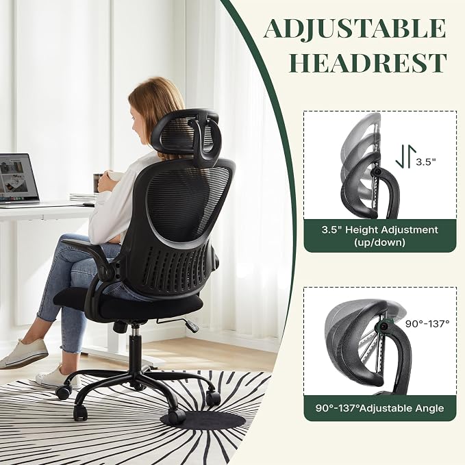 Ergonomic Desk Chair Comfy, Mesh Office Chair, for Home Office | Adjustable Headrests, Flip-up Arms, Breathable Mesh High-Back, Swivel Wheels, for Adults, Black - Image 4