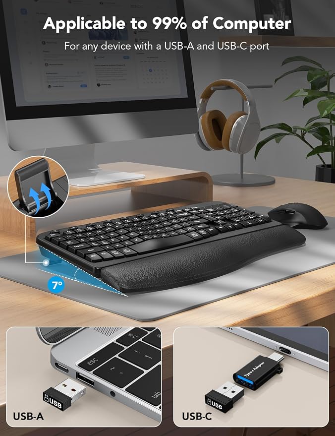 Wireless Keyboard and Mouse Combo with Ergonomic Wave Keys | Leather Soft Palm Rest, 2.4G Full Size, 6-Button Mouse, 4-Level DPI, USB-A/C, MA12 Silent Set for PC, Laptop, Windows, macOS - Image 4