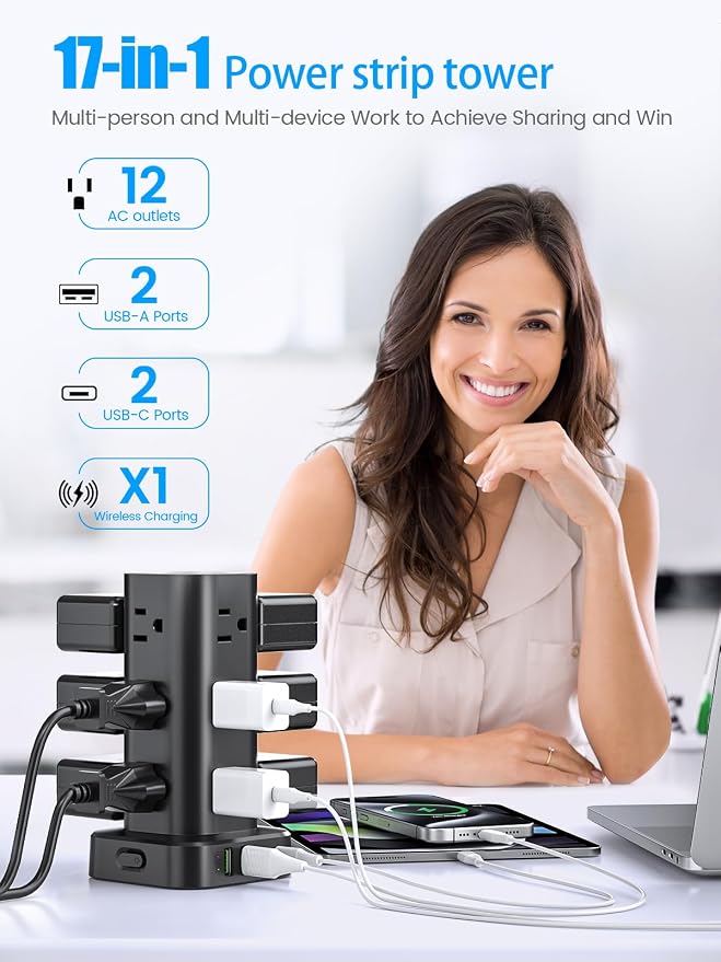 Tower Power Strip with 15W Wireless Charger, 10FT Flat Plug Extension Cord with Multiple Outlets, 12 AC Outlets, 4 USB Ports (2 USB C) Charging Station Surge Protector for Office Home Dorm Room(Black) - Image 3